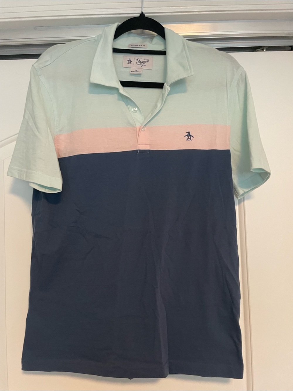 NWOT! Penguin HERITAGE SLIM FIT Mint, Pink & Navy Colorblock Polo